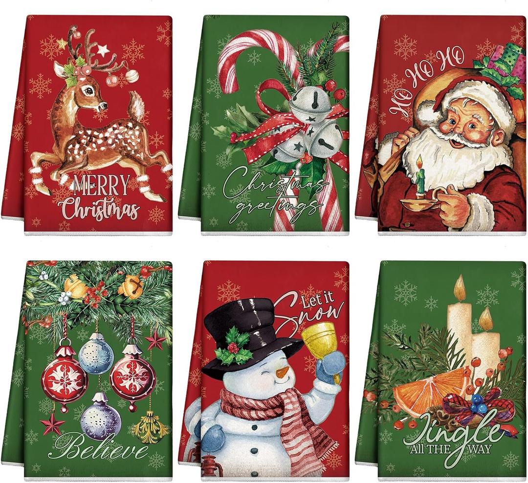 Hosuly 6 Pcs Vintage Christmas Kitchen Towels Red and Green Christmas Hand Towels Xmas Santa Elk Snowman Candy Dish Towels Christmas Decorative Tea Towel Housewarming Gifts for Kitchen Holiday Xmas