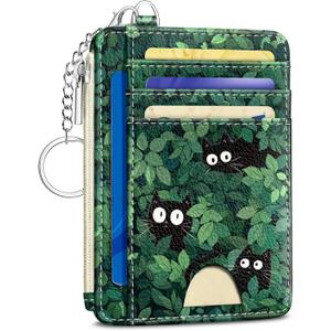 Cute Black Cat Credit Card Holder Small Wallet Women, Green Grass Slim RFID Blocking Wallet Woman Keychain with Zipper Coin Pocket, Front Pocket Thin Travel Card Case with ID Window for Ladies Gifts