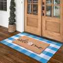 Spring Welcome Door Mats Combo Set, 100% Coco Coir Doormat with Welcome & Flower + 28" x 43" Blue and White Plaid Rug, Front Porch Entryway Decor Indoor Outdoor Floor Easter Mats