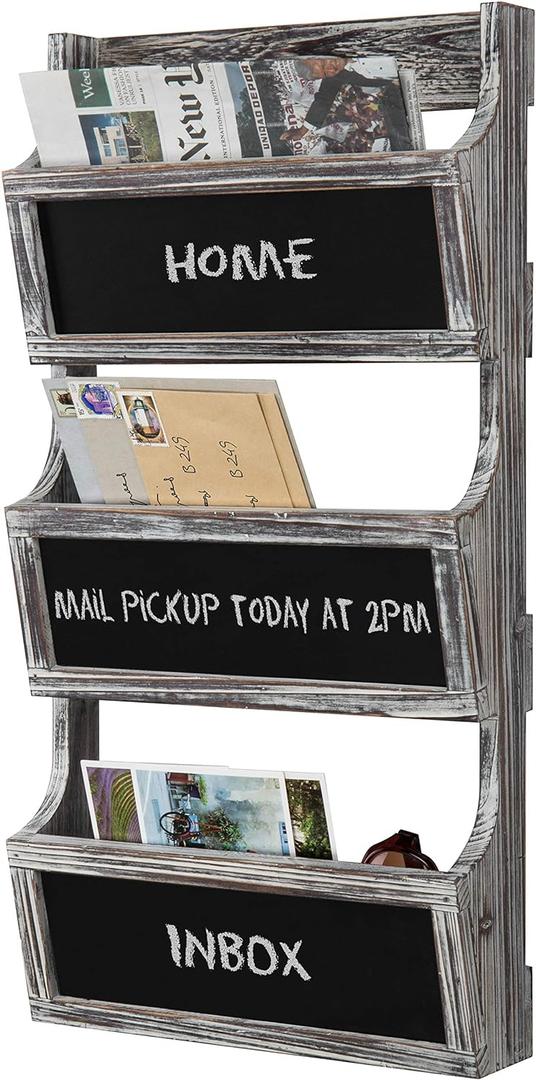MyGift Wall Mounted Torched Solid Wood Magazine and Mail Holder Organizer Rack with 3 Slots and Chalkboard Labels (Torched Wood)