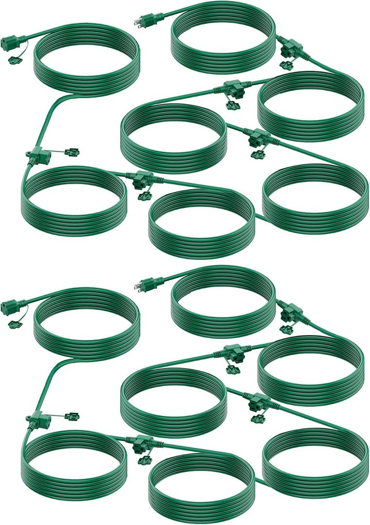 Brightown Outdoor Extension Cord Multiple Outlet, 2 Packs Each 50 Ft Christmas Light Extension Cord Evenly Spaced 6 Outlets Plugs with Safety Cover, 16/3 SJTW Green Extension Cord Waterproof