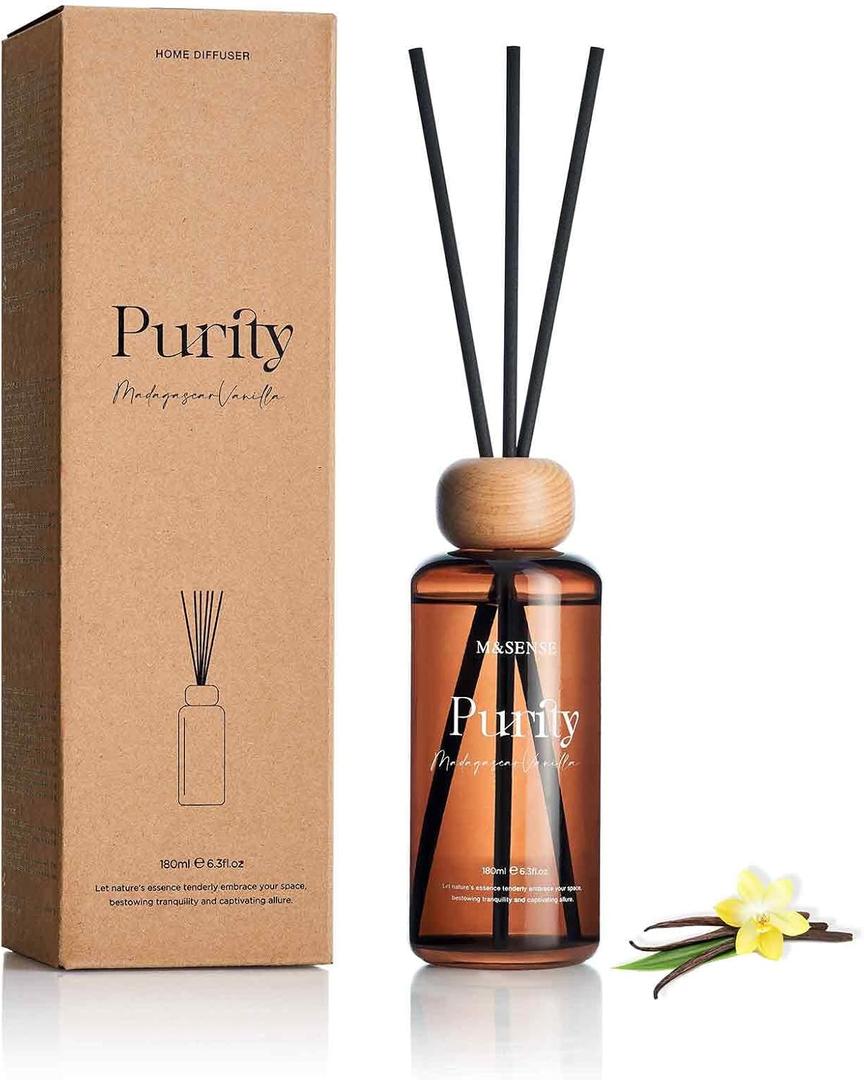M&SENSE Reed Diffuser Set, Madagascar Vanilla Scented 6.3 fl oz Natural Essential Oil Diffusers with Sticks, Non-Toxic Organic Air Freshener, Long-Lasting Fragrance Oils for Living Room Bedroom