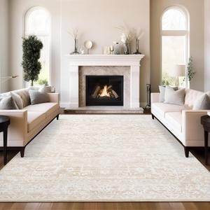 8x10 Area Rugs for Living Room, Stain Resistant Washable Rugs for Dining Room, Kitchen, Floral Vintage Non-Slip Thin Large Beige Rug