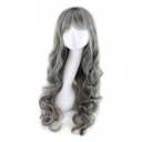 RightOn Gray Wig Long Curly Gray Wigs with Bangs Grandma Grey Wigs for Women Daily Party Hairnet Include