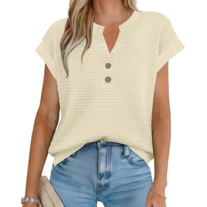 Women's Sweater Vest Spring Summer Button V Neck Striped Pullover Tank Top Cap Sleeve Knit Sweaters Tops (XL)