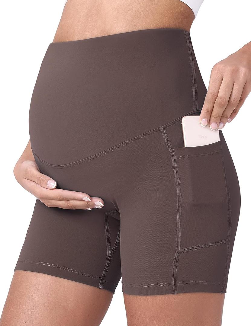POSHDIVAH Women's Maternity Yoga Shorts Over The Belly Bump Summer Workout Running Active Short Pants with Pockets Dark Brown 5" Large