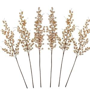 GREENTIME 6 Pack Golden Artificial Long Berry Stems Fake 25.2" Christmas Picks Faux Holly Berries Branches for Christmas Wreath Vase Holiday Home Decor