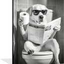 OWNANRTHM Dog on Toilet Canvas Wall Art Funny Animal Bathroom Pictures Funny Labrador Dog Bathroom Poster Black and White Animal Toilet Prints for Restroom Wall Framed 12X16 inch