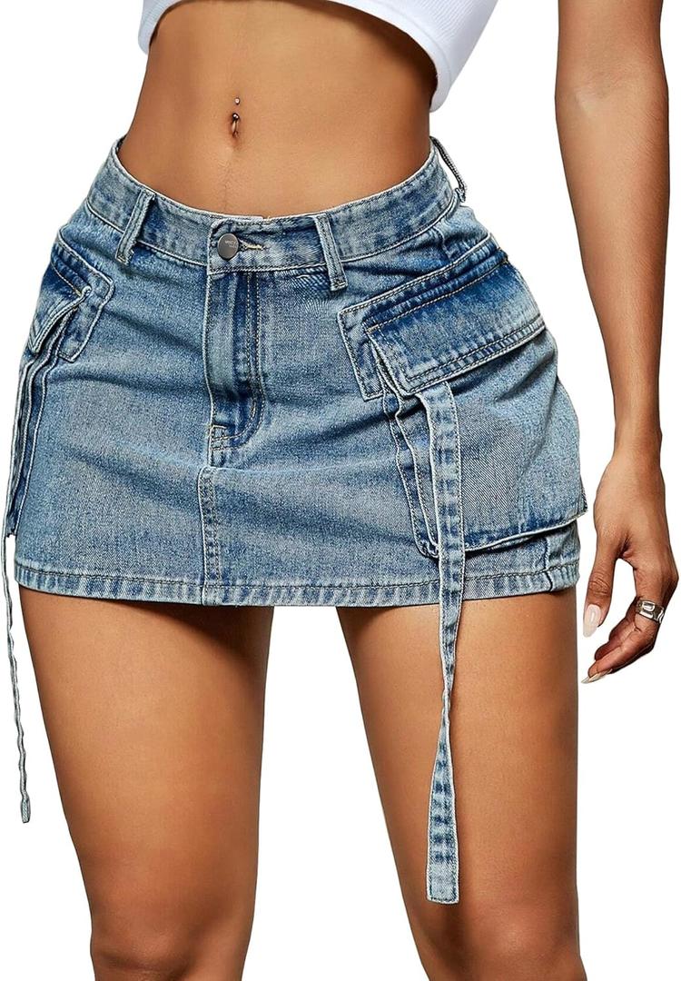 Women Cargo Skirt Denim Mini Low Waist Y2K Jean Skirts with Pockets (Large, Light Wash)