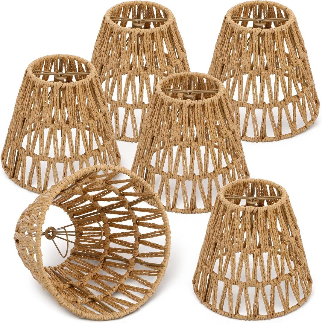 6 Pcs Rattan Chandelier Shades, Rattan Lampshade with 5.5" Clip-On Fitter, Handwoven Natural Fiber Shade for Pendant & Table Lamps, 5.9" Diameter x 5.5" Height, Light Brown
