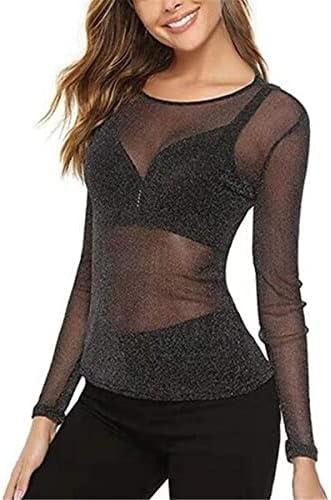 ZHER-LU Women's Casual Solid High Neck Sheer Mesh Long Sleeve Tee Shirt Top (Black, L) 8 Pack