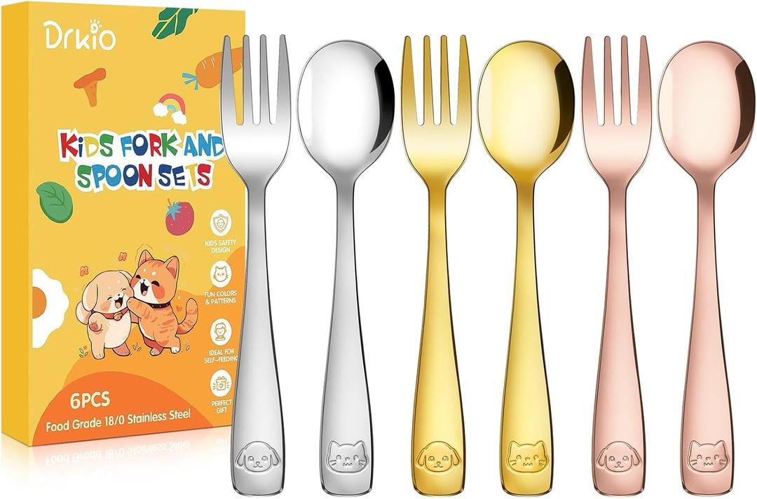 DRKIO Stainless Steel Toddler Utensils Set - 6 Pieces Kids Silverware Set Children Safe Food Grade Small Forks and Spoons Dishwasher Safe Mirror Polished (Colourful)