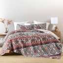 HORIMOTE HOME Boho Quilt Queen Size, Reversible Bohemian Style Twill Strip Floral Quilt Beddding Set, Colorful and Soft Bedspread Full Size Quilt Coverlet for All Season, 2 Pillow Shams (3 Pieces)