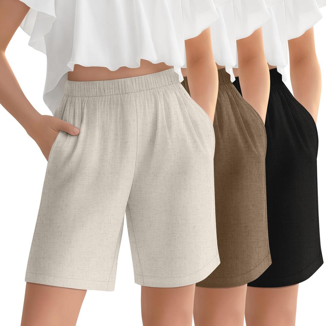 Oakgarden 3 Pack Girls Linen Bermuda Shorts, 3-Color, 9-10 Years