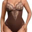 FeelinGirl Womens Body Suits Shapewear Tummy Control Backless Thong Body Shaper V Neck Compression Lace Bodysuit Tops Medium, Dark Brow