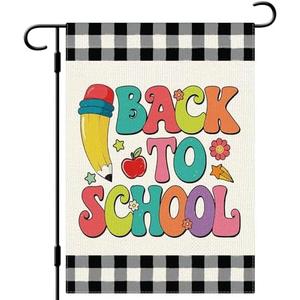 DLZDN Back to School Garden Flag Apple Pencil School First Day Flag 12×18 Inch Double Side Buffalo Plaid Farmhouse Yard Sign Fall Seasonal Outdoor House Decoration