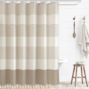 WOUVMA Boho Shower Curtains for Bathroom with Tassels Brown Farmhouse Striped Shower Curtain Beige Rustic Linen 72x72 Inches