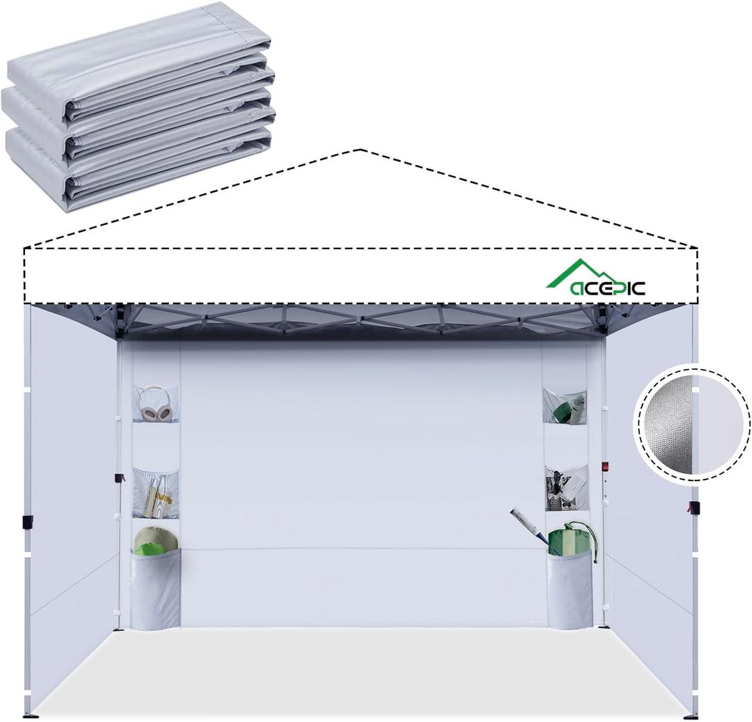 Acepic Instant Canopy Sidewalls 10x10 FT for Pop Up Canopy, Waterproof and UV Protection, 300D Polyester Canopy Walls with 6 Pockets, White/Silver(3PCS Sidewall Only, Canopy Tent NOT Included)