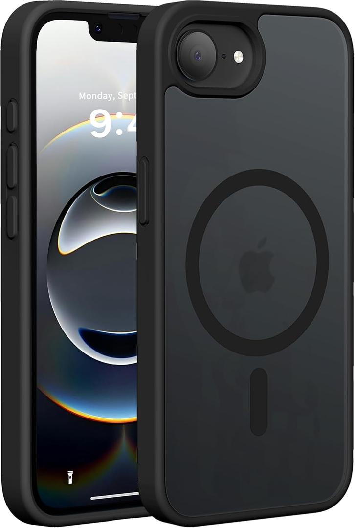 6 x Hualele Magnetic for iPhone 16e Case,Compatible with MagSafe, Military Grade Dropproof Translucent Matte Hard Back Soft Edge Slim Cover for iPhone 16e Phone Case,Black