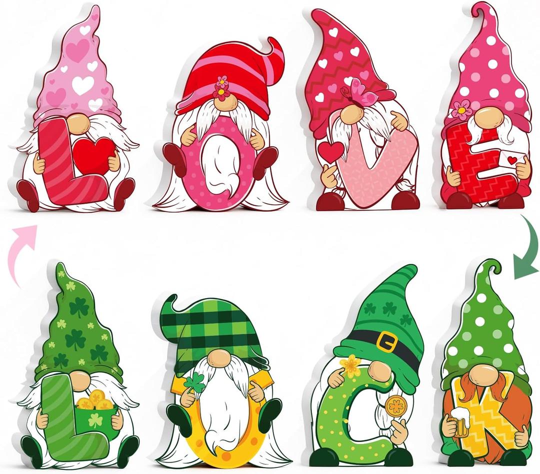 Valentines & St Patricks Day Decorations, 4 Pcs Double-sided Love & Luck Gnome Wooden Sign for Table Tiered Tray Mantel Decorations, Valentine and Shamrock Gnomes Centerpieces for Home Office Gifts