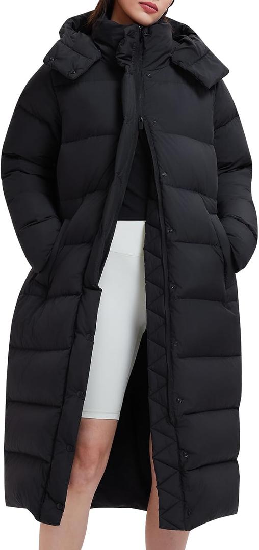 IUK Women's 800FP Long Down Puffer Coat with Cinched Waist, Water-Resistant Winter Jacket with Removable Hood for Outdoor, Size S US