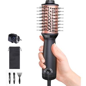 Desalo Small Dual Voltage Hair Dryer Brush (110220V), Compact LightWeight European Travel Blow Dryer Brush for Volume, Smoothness & Curls On The Go, One Step Travel Hair Tools, Incl. Pouch & EU Plug