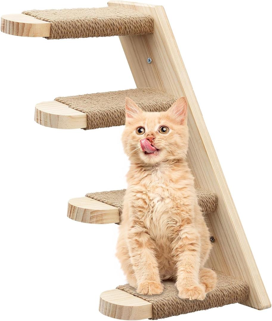 Cat Climbing Shelf Wall Mounted 4 Stair Shelf Reversible Cat Wall Stairs with Jute Scratching Cat Wall Steps Shelves Activity Tree for Kitty Cats