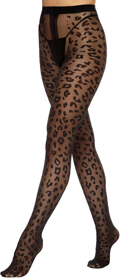 MANZI Women's Sheer Patterned Tights All-Over Polka-Dot Leopard Hearts Stockings 30 Denier Pantyhose Nylons (One Size, 30d Sheer-leopard)