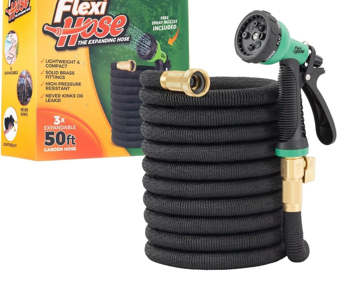 Flexi Hose Expandable Garden Hose with 8 Function Nozzle, 50FT - Lightweight Retractable Garden Hose, Water Hose - No-Kink Flexibility, 3/4 Inch Solid Brass Fittings and Double Latex Core