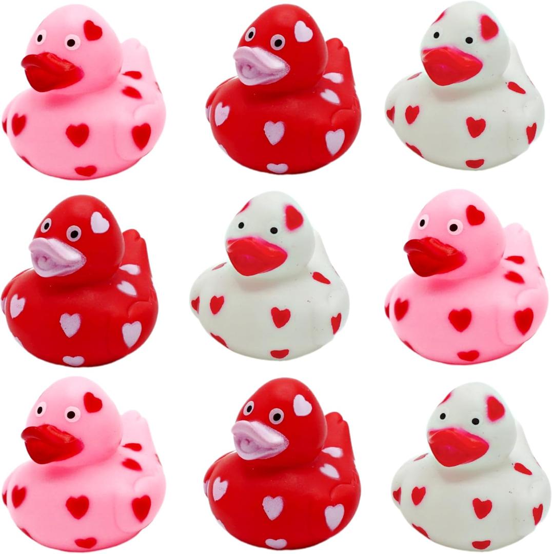 4E's Novelty 24 Pack Valentines Day Rubber Ducks - Bulk 2" Heart Themed Duckies for Jeep Ducking, Classroom Exchange Gifts for Kids School, Prizes, Giveaways, Party Favor Handouts