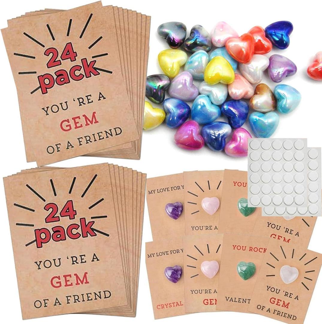 48 Pack Gem Valentines Day Cards,Valentine's Day Cards with Heart-Shaped Gemstone for School Classroom Class Party Favor,Valentines Heart Crystals with Cards Exchange Gift for Boys Girls