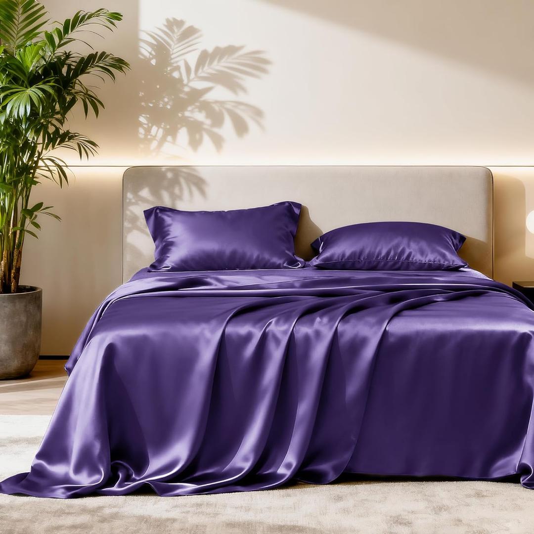 Love's cabin Satin Queen Sheets Set - 4 Piece Purple Silky Bed Sheets Set with Deep Pocket, Luxury Silk Feel Satin Queen Size Sheet Set (1 Flat Sheet,1 Fitted Sheet,2 Pillow Cases)
