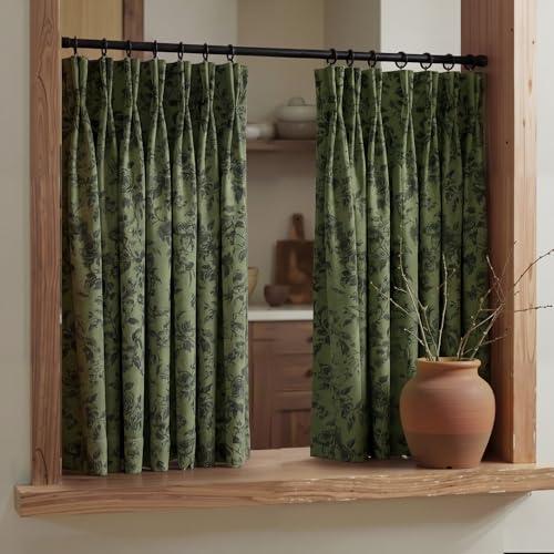 RYB HOME Pinch Pleated Olive Green Curtains for Kitchen Cafe, Light Filtering Semi Sheer Privacy Linen Textured Botanical Curtain Tier for Cottage Vintage Farmhouse Decor, 40" W x 36" L, 2 Panels