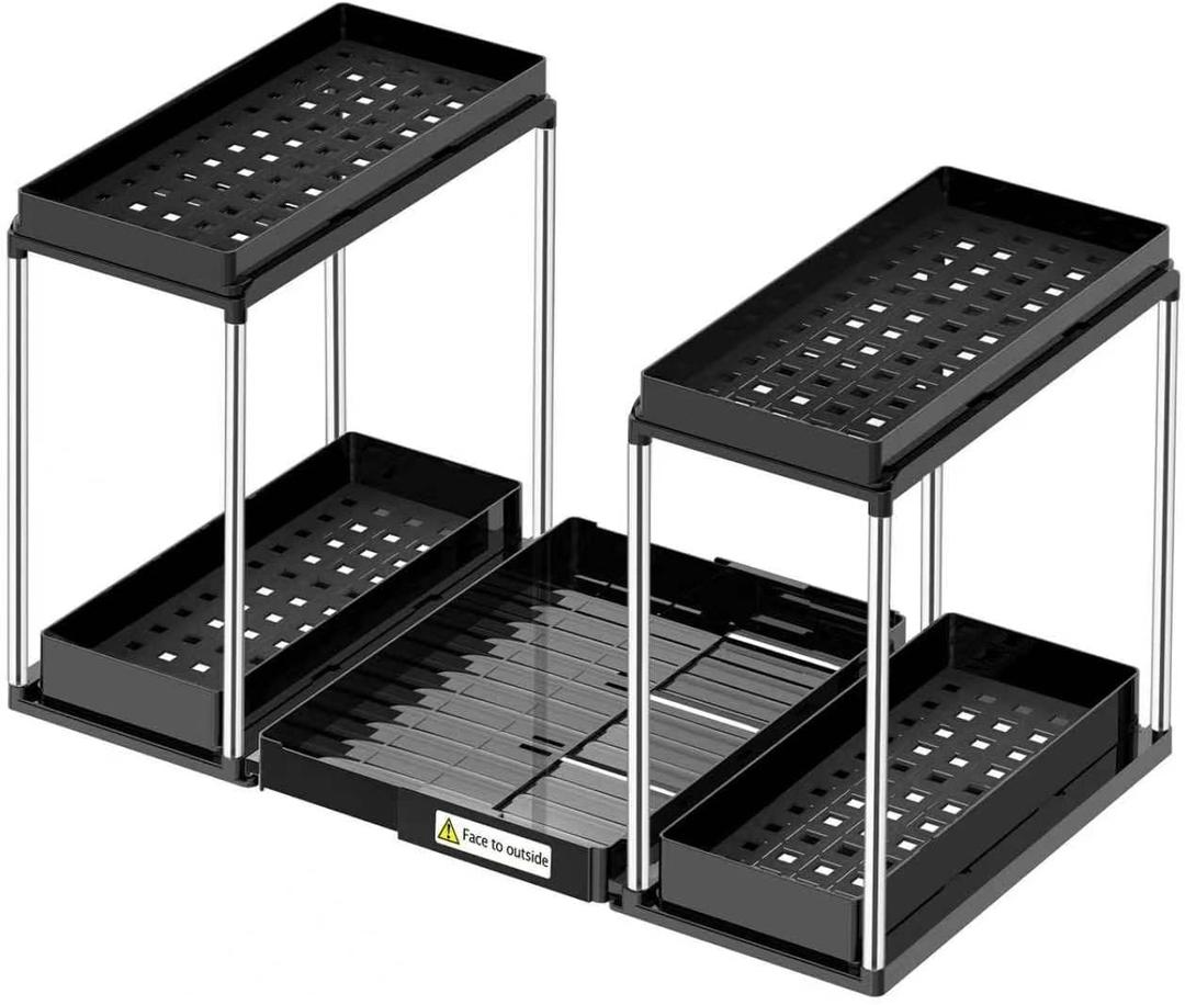 NIUXX Expandable Under Sink Organizer: 2 Tier Under Cabinet Organizer - Double Pull Out Shelf Under Sink Storage for Kitchen - Bathroom and Laundry Room - Space Saving
