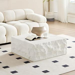 WILLIAMSPACE 35.4" Square Coffee Table Center Table for Living Room, Modern Drum Coffee Table with Imitation Stone Table for Apartment, No Need Assembly, Fiberglass (Beige Cement Stone Pattern)