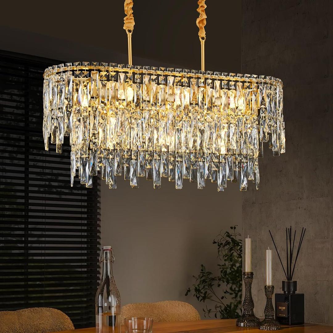 Modern Gold Crystal Lighting for Room,11 Lights Elegant Oval Lamp,31''*11'' Modern Crystal Chandeliers for Dining Room Living Room Kitchen Foyer Hallway Staircase