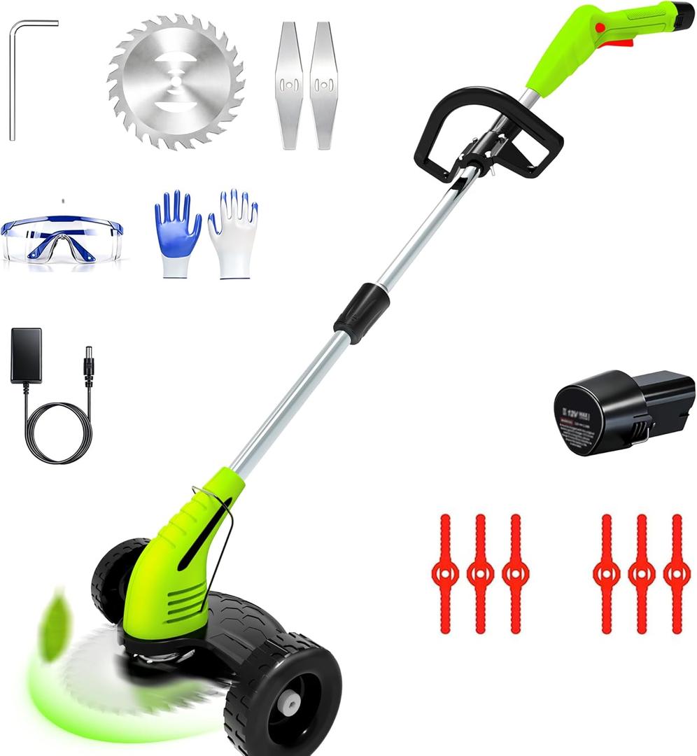 Electric Weed Wacker Cordless, 3-in-1 Wheeled Grass Trimmer with Height Adjustment, 2.0Ah Battery and 3 Types Blades for Yard, Lawn, Patio, Garden, Walkway, Fence & Branch Trimming, Green