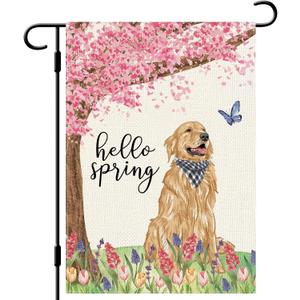 2 x DLZDN Hello Spring Dog Garden Flag Golden Retriever Floral Flag 1218 Inch Double Side Vertical Burlap Farmhouse Yard Flag Seasonal Outdoor House Decoration