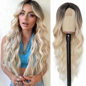 NAYOO Long Platinum Blonde Wavy Wig for Women 26 Inch Middle Part Curly Wavy Wig Natural Looking Synthetic Heat Resistant Fiber for Daily (Platinum Blonde)