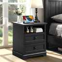 20" Modern Nightstand with Charging Outlets 2 Drawers Open Shelf Black Built-in Charging: 2 AC outlets, 2 USB-A & Type-C, 2 drawers + Open Shelf, Sleek Modern Design for Bedroom/Office