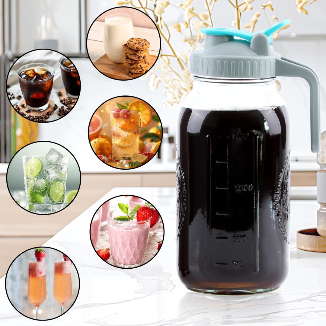 Cold Brew Coffee Maker 64 Oz Wide Mouth Mason Jar Iced Coffee Maker Half Gallon Glass Pitcher With Strainer 2 Quart Cold Brew Pitcher With Spout Lids For Fridge, Lemonade, Cold Brew, Milk