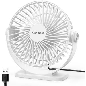 TriPole Small Desk Fan USB Powered Personal Fan 3 Speeds Strong Airflow Mini Fans 360Rotation Portable 5.1 Inch Table Fans for Home Office Bedroom Desktop, White, 4.9ft Cable