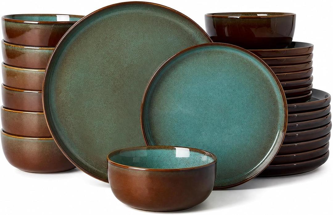 Famiware Milkyway 24-Piece Stoneware Dinnerware Set, Moss Green & Cocoa