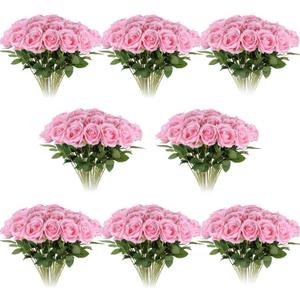 100pcs Artificial Roses in Bulk Fake Silk Roses with Stem Realistic Pink Roses for Home Wedding Centerpieces Party Decorations (100, Pink)