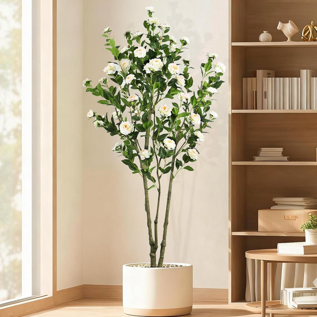 Faux Camellia Flower Tree 7ft(82in) Artificial Floor Plant for Indoor Decor Realistic Greenery Potted Tree with White Blooming Flowers and Natural Wood Trunk for Home Living Room,Office,Porch Decor (6ft)