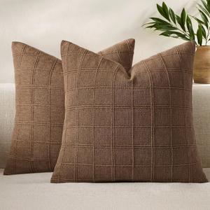 Woaboy Linen Check Throw Pillow Covers Set of 2 - Brown Farmhouse Modern Boho Vintage Euro Decorative Cushion Covers for Bed Sofa Couch Bedroom Living Room Decor 24x24 Inch