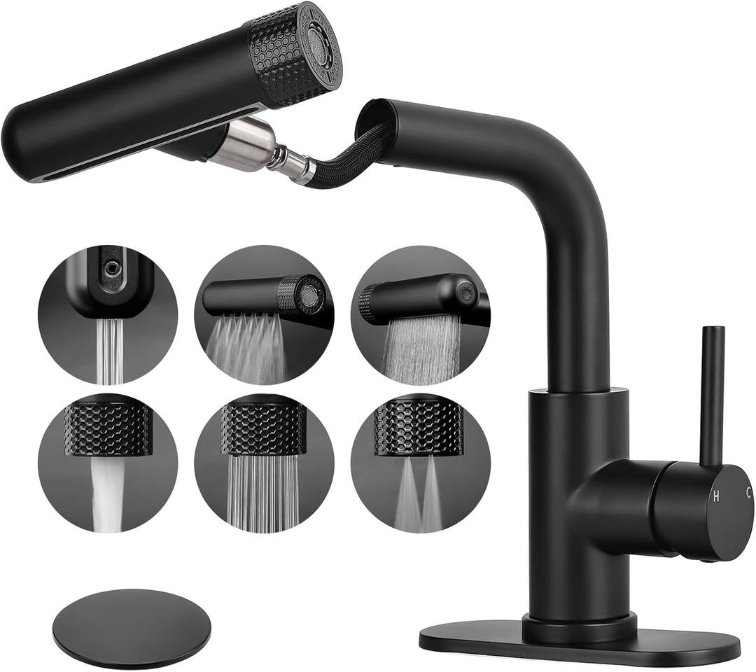 Matte Black Bathroom Faucet with Pull Down Sprayer, 6 Water Mode, Single Handle, 1 or 3 Hole Bathroom Sink Faucet with Pop Up Drain for RV Bar Laundry Vanity