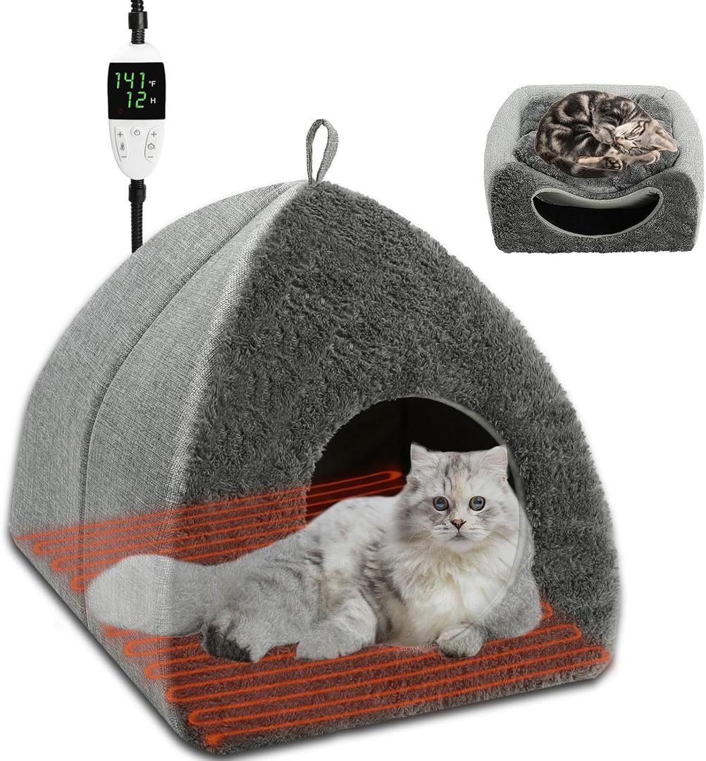 BWOGUE Indoor Heated Cat Bed, 2 in 1 Heated Cat Cave Bed with Temp Adjustable and Timer, Warming Cat Bed Thermo-Pet Nest for Indoor Cats Old Cats 16.9"16.9"16.1"(Light Grey Heating Mat)