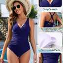 3 x HEEKPEK Womens Tummy Control Swimsuits One Piece Bathing Suit Front Cross Tie Back Slimming Ruched Push Up Padded Swimwear (Blue, L)