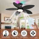 Tropical Palm Leaf RGB Ceiling Fans with Lights 46, Black Flush Mount Ceiling Fan with Light and Remote, 3CCT Dimmable LED&&Side RGB Light, Reversible 6 Speeds, Quite Low Profile Ceiling Fan Party